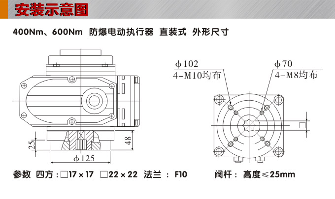 防爆電動頭,YTEx-RKB400防爆電動執行器安裝示意圖