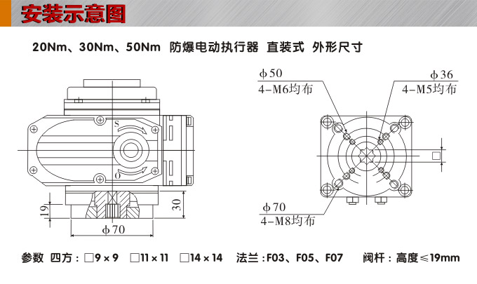 防爆電動頭,YTEx-RKB50防爆電動執行器安裝示意圖