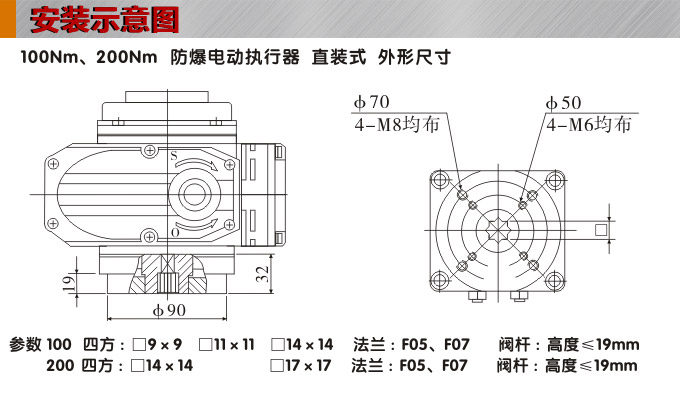 防爆電動執行器,YTEx-RS200防爆電動執行機構安裝示意圖