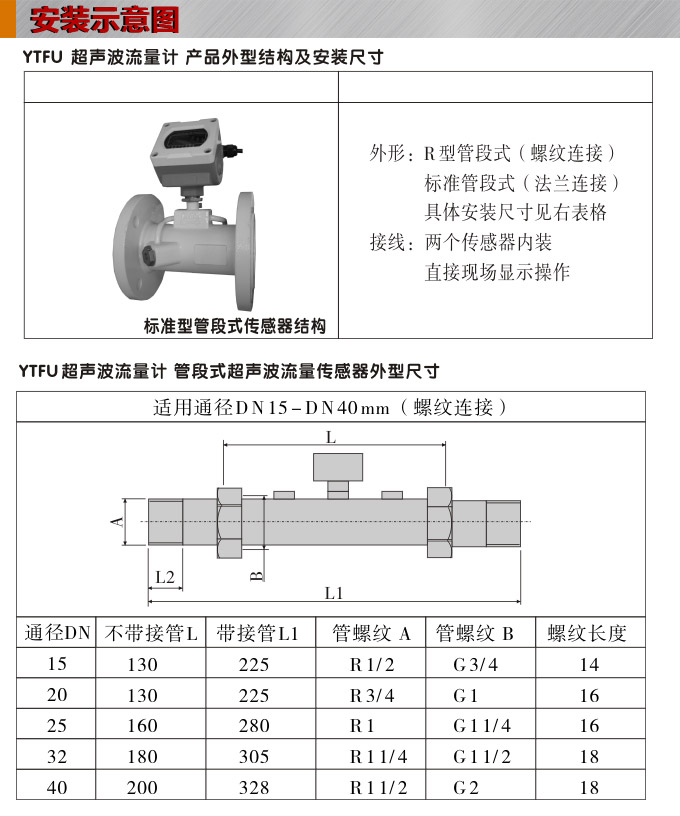 超聲波流量計,YTFU管段式超聲波流量計安裝示意圖1