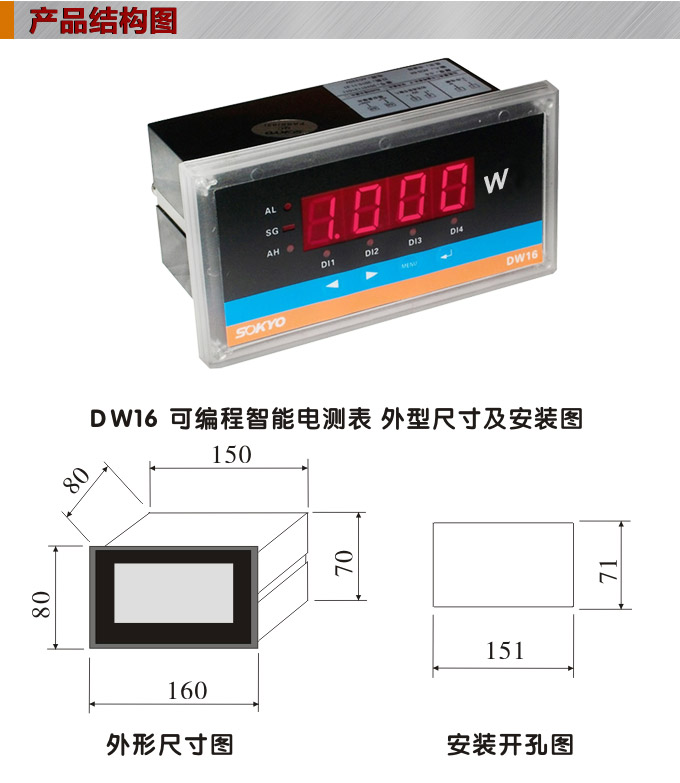 數(shù)字功率表，DW16三相有功功率表產(chǎn)品外形結(jié)構(gòu)圖