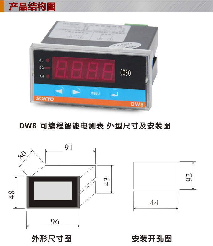 數字功率因數表，DW8三相功率因數表產品外形結構圖