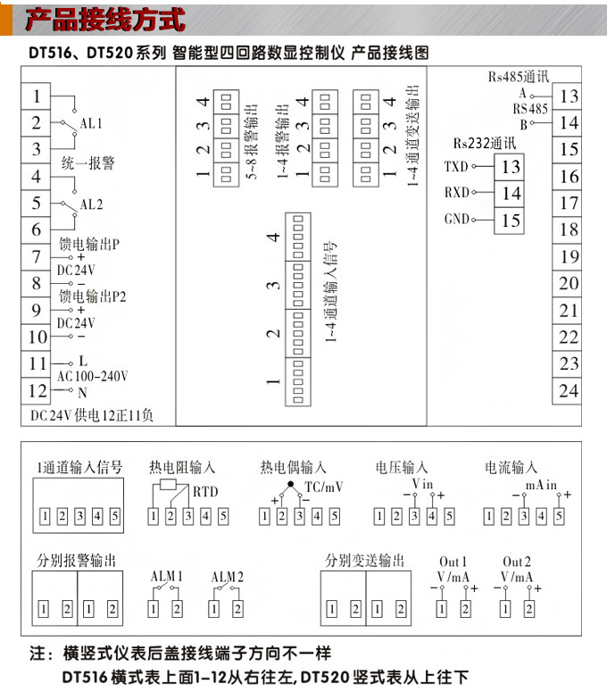 數顯控制儀，DT520智能四回路數顯表，多回路巡檢控制儀接線方式