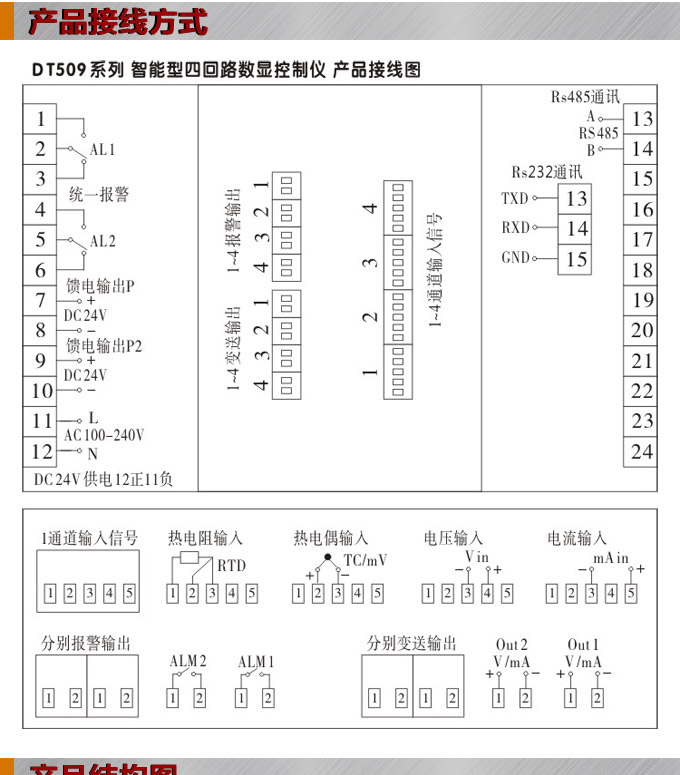 數(shù)顯控制儀，DT509智能四回路數(shù)顯表，多回路巡檢控制儀產(chǎn)品接線方式
