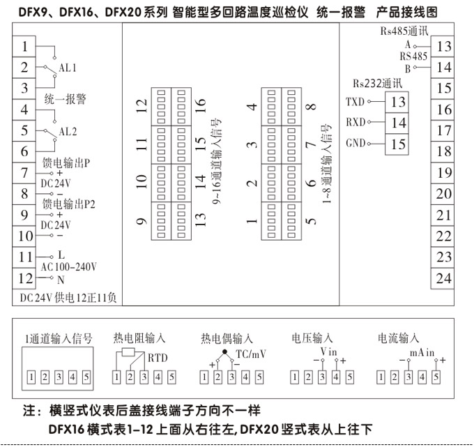 智能溫度巡檢儀，DFX16液晶溫度巡檢儀，多回路巡檢控制儀接線方式3