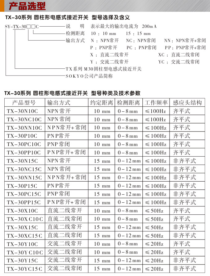 電感式接近開關,TX-30圓柱形接近開關產品選型